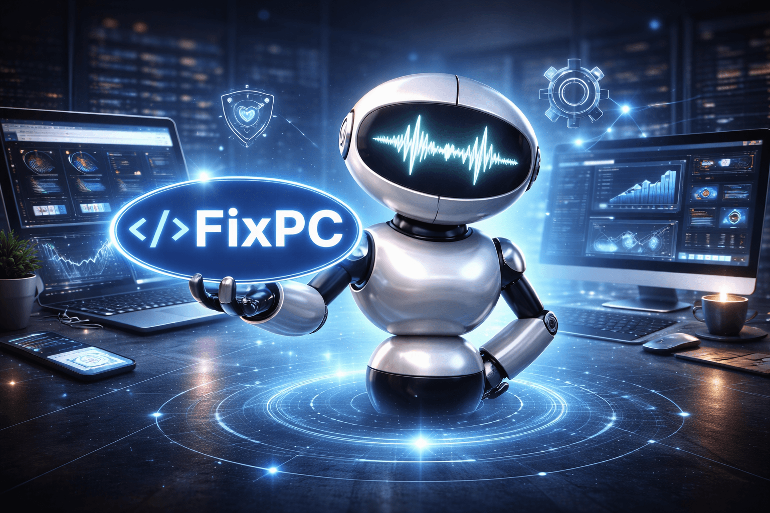 Robot con un ícono de código y un escudo de seguridad de fondo.