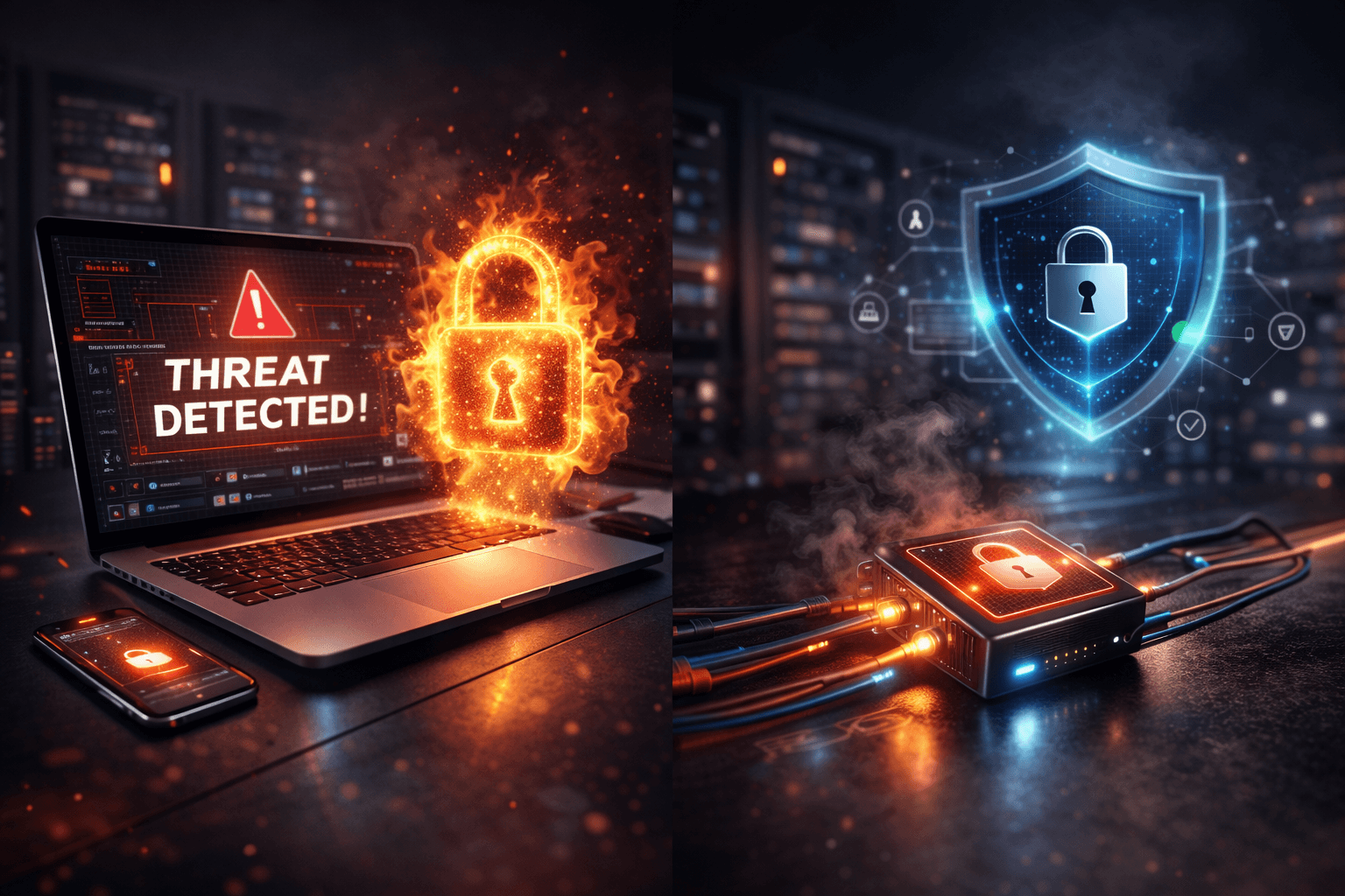 Concepto abstracto de ciberseguridad con un escudo digital protegiendo datos