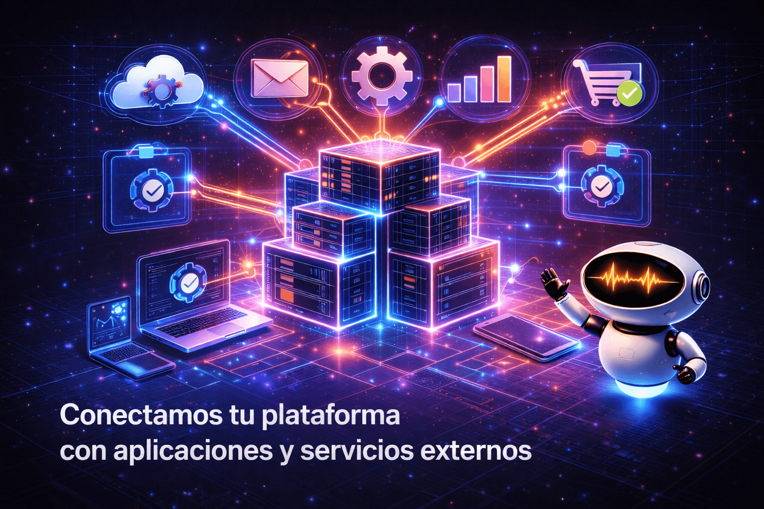 Nodos y conexiones de una red API, representando la integración de sistemas